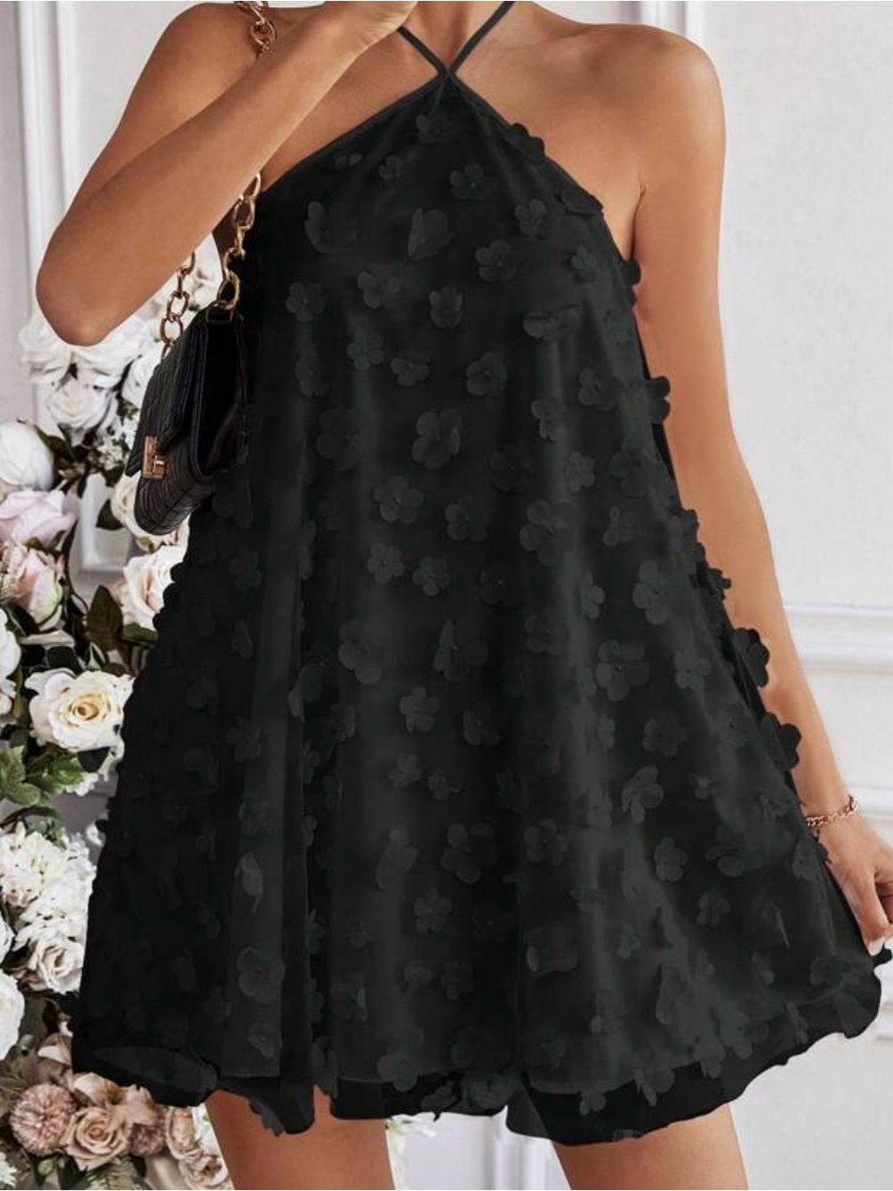 Black Floral Halter Mini Dress